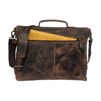 Vintage brown leather briefcase messenger bag with brass hardware, view 2
