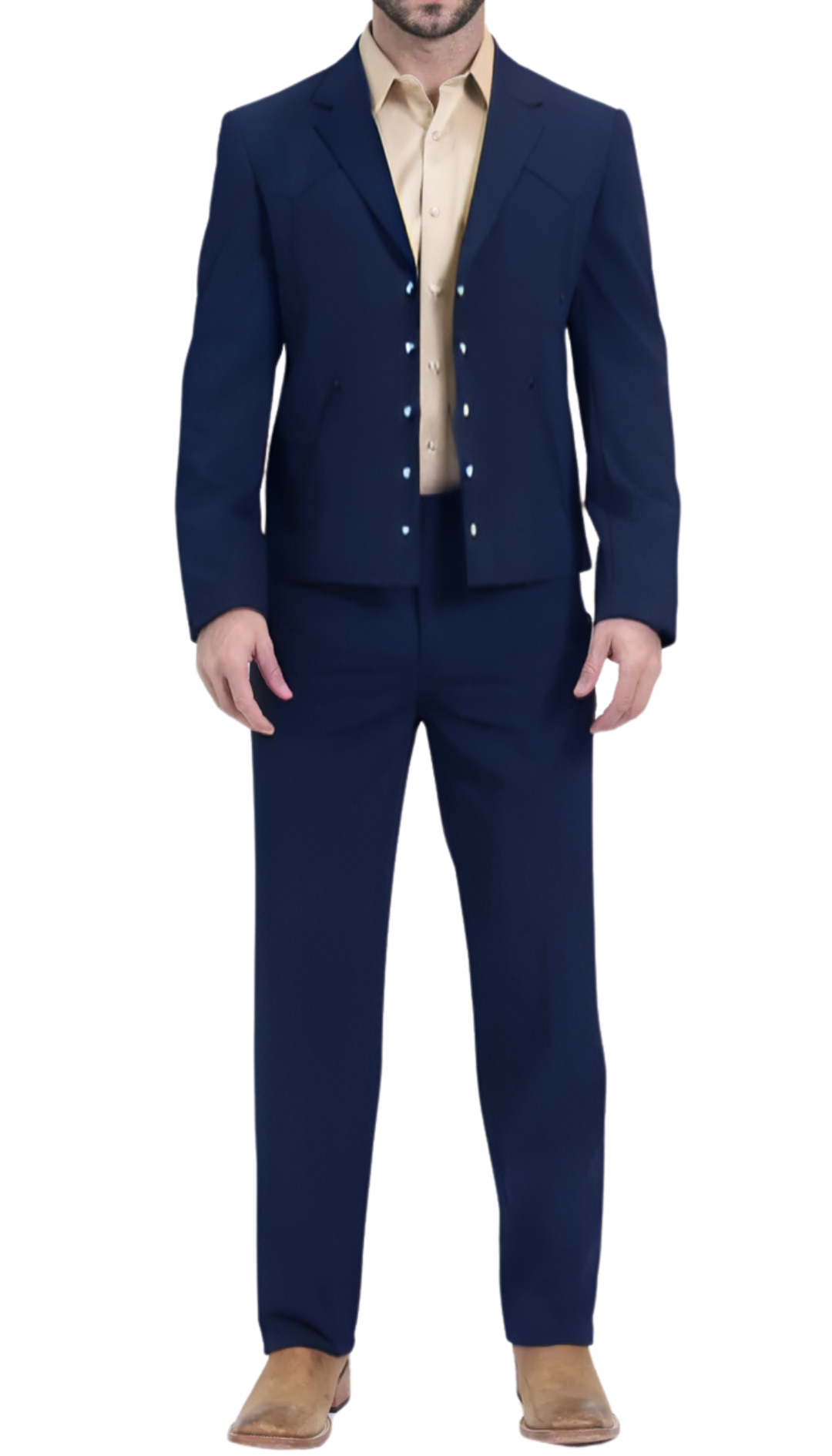 Man in a navy two-piece Western suit with pearl snaps, a tan shirt and brown boots