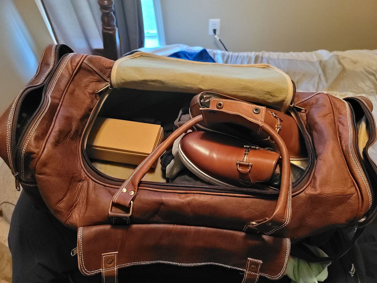 Traveler full grain goat leather weekender duffle bag, view 8
