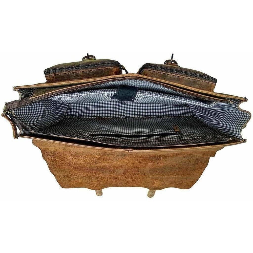 Vintage brown leather messenger bag with two buckled front pockets, view 3