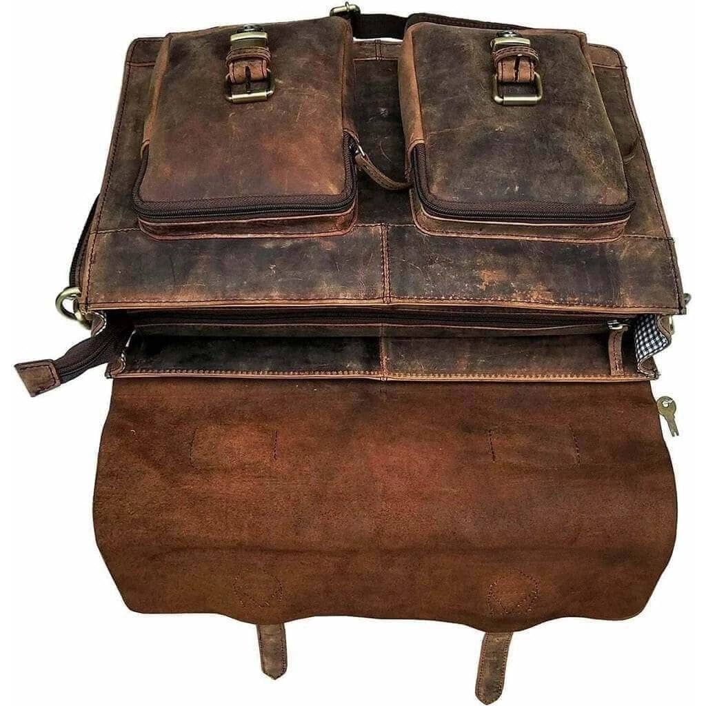Vintage brown leather messenger bag with two buckled front pockets, view 4