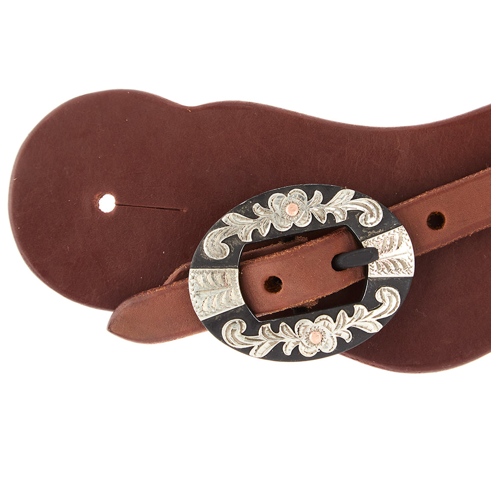 Oiled leather cowboy spur straps with floral buckles, view 2