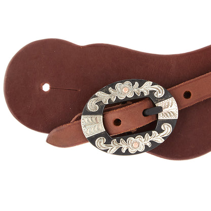 Oiled leather cowboy spur straps with floral buckles, view 2