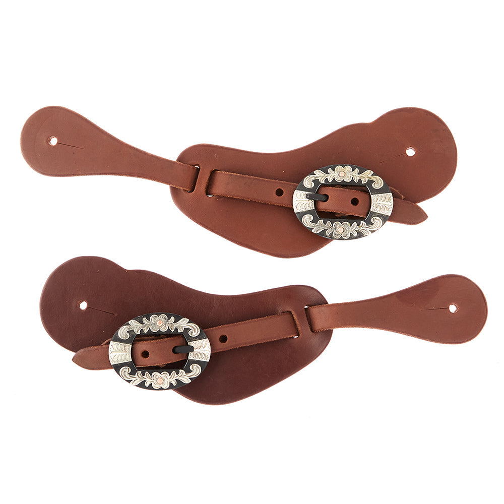 Oiled leather cowboy spur straps with floral buckles, view 3