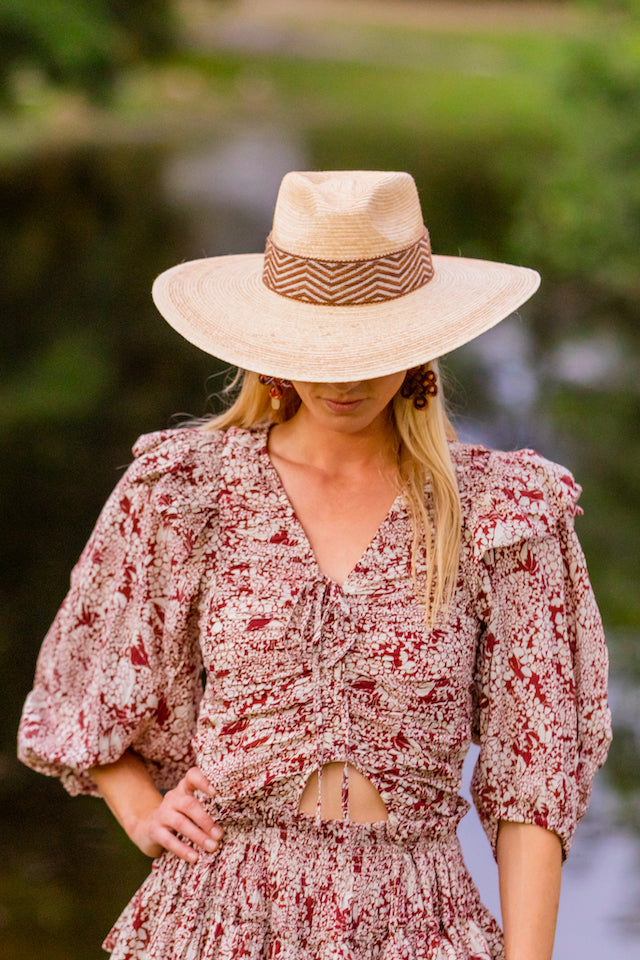 Natural palm leaf straw Western hat with an extra-wide brim and woven band, view 4