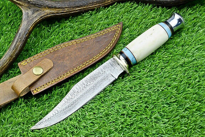 Damascus belt knife with epoxy resin handle, guard and leather sheath