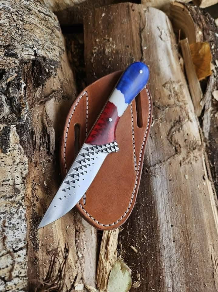 Rasp tool steel Western knife with epoxy resin handle and leather sheath