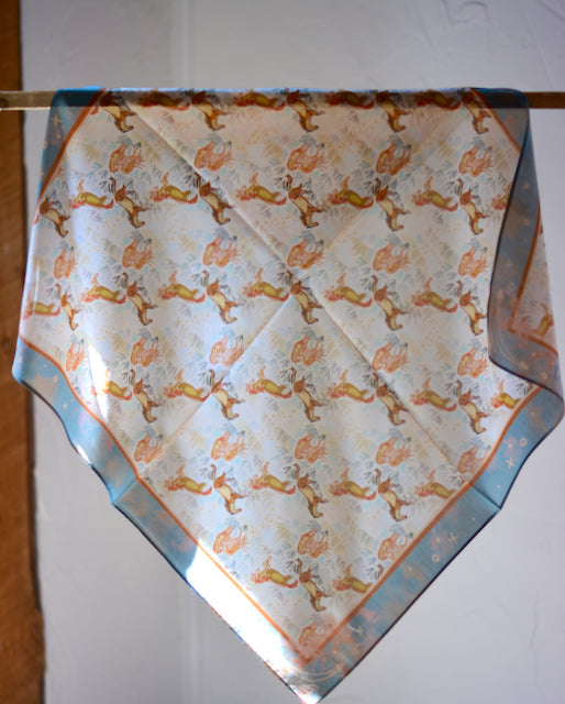Blush pink wild rag with pastel running horses and a deep turquoise border, view 3