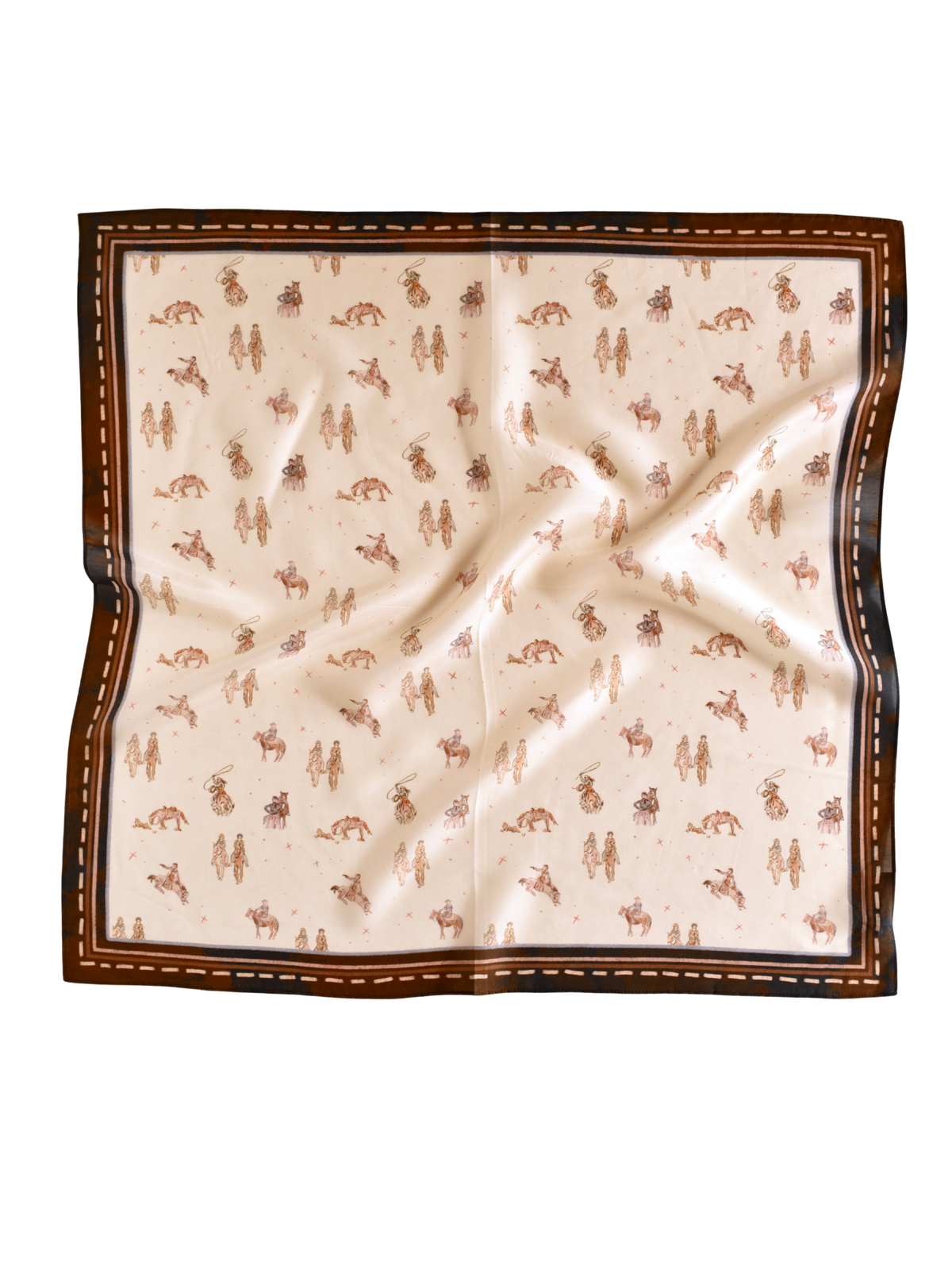 Neutral-tone wild rag printed with cowgirls riding and walking their horses