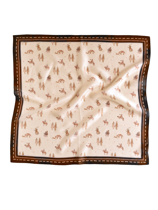 Neutral-tone wild rag printed with cowgirls riding and walking their horses