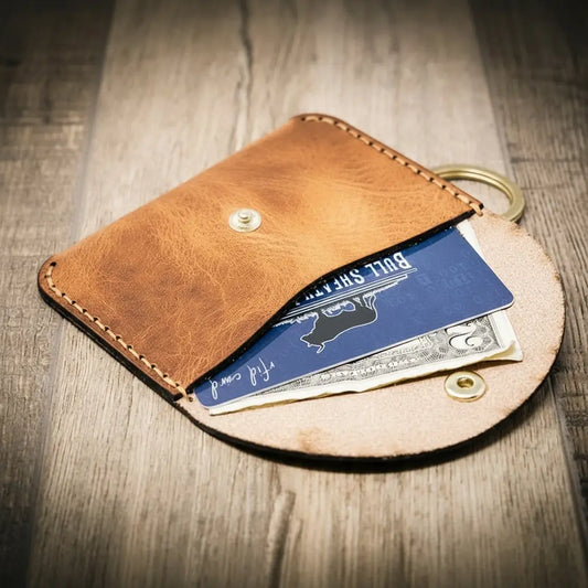 Saddle tan leather keychain wallet with snap pocket and key ring