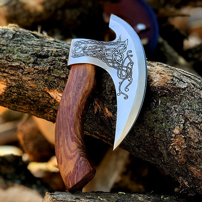 Hand-engraved axe-shaped pizza cutter with wood handle and leather sheath