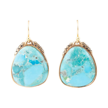 Blue turquoise drop earrings in golden bronze bezels on hook ear wires
