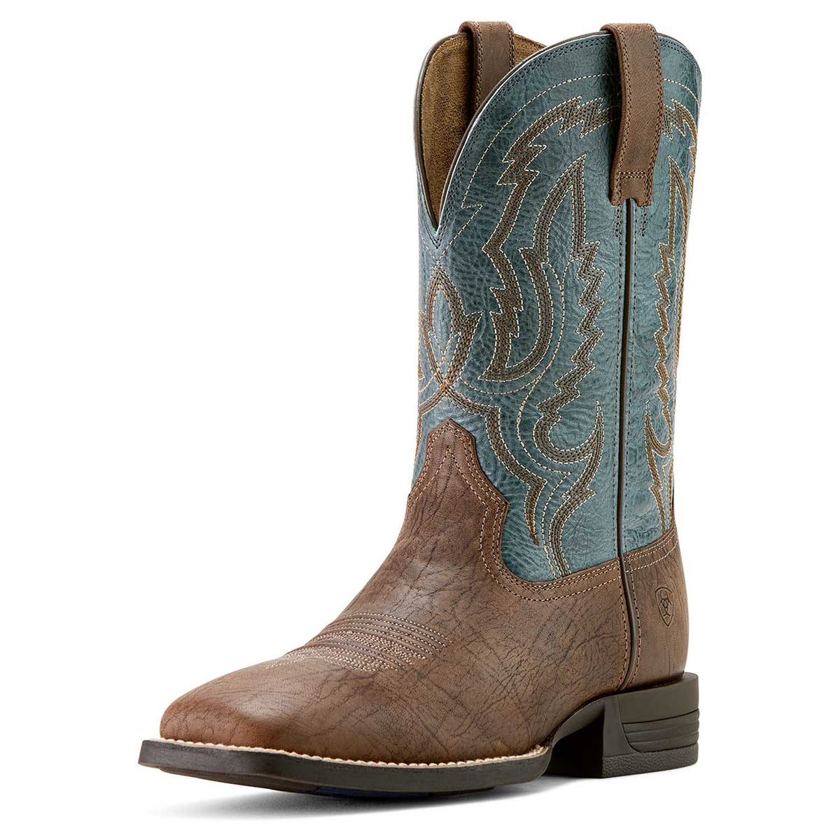 Ariat Steadfast brown leather square toe cowboy boot with blue stitching, view 3