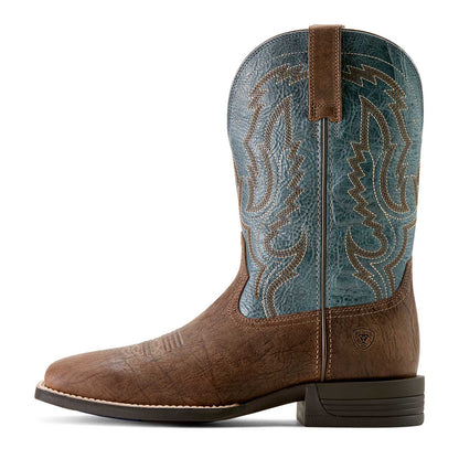 Ariat Steadfast brown leather square toe cowboy boot with blue stitching, view 4