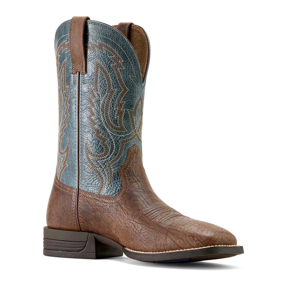 Ariat Steadfast brown leather square toe cowboy boot with blue stitching, view 2
