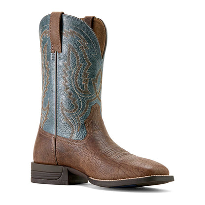 Ariat Steadfast brown leather square toe cowboy boot with blue stitching, view 2