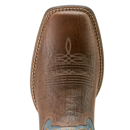 Ariat Steadfast brown leather square toe cowboy boot with blue stitching, view 6