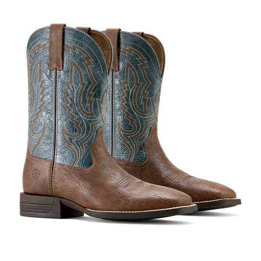 Ariat Steadfast brown leather square toe cowboy boot with blue stitching