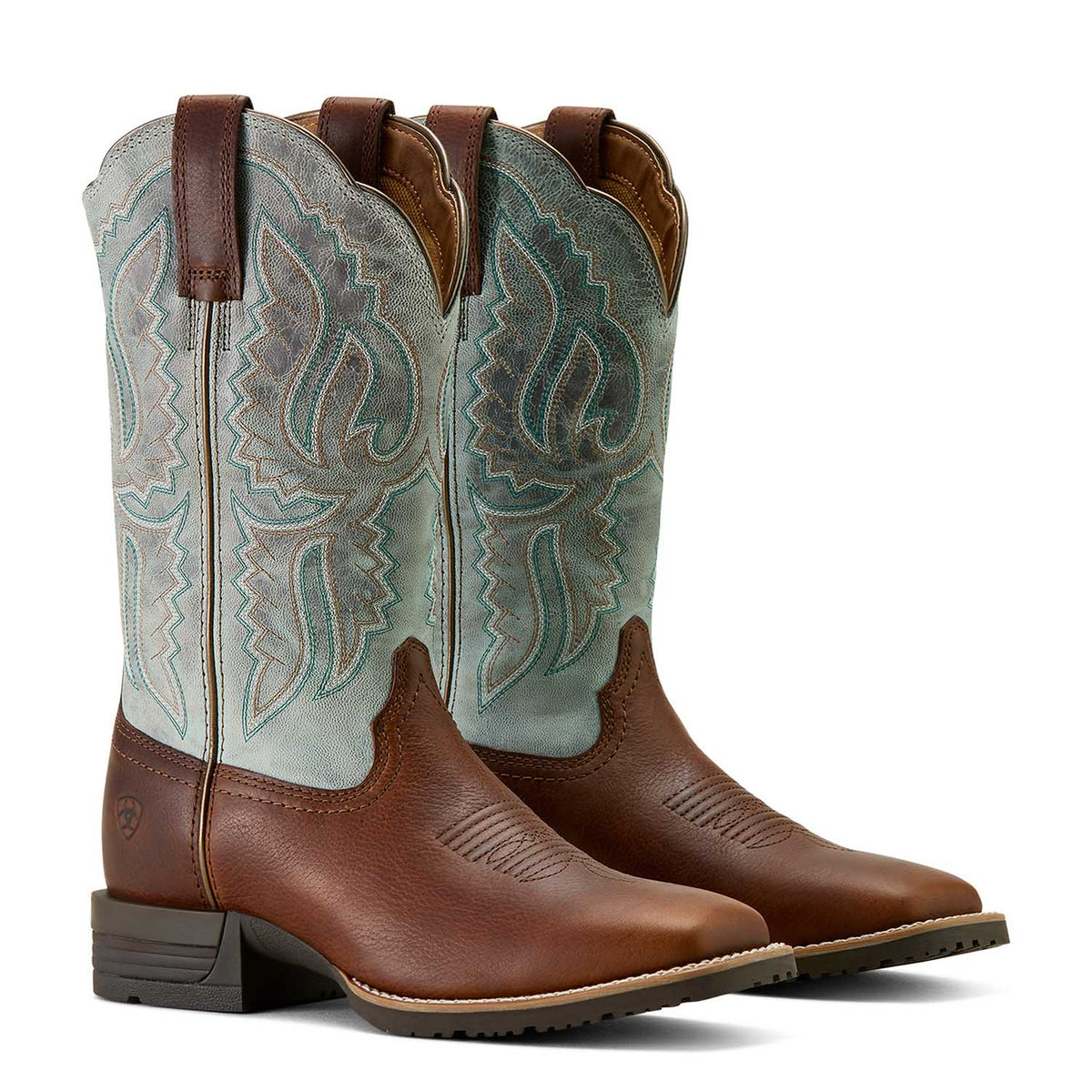 The Ariat Hybrid Ranchwork Boot, peanut and worn denim