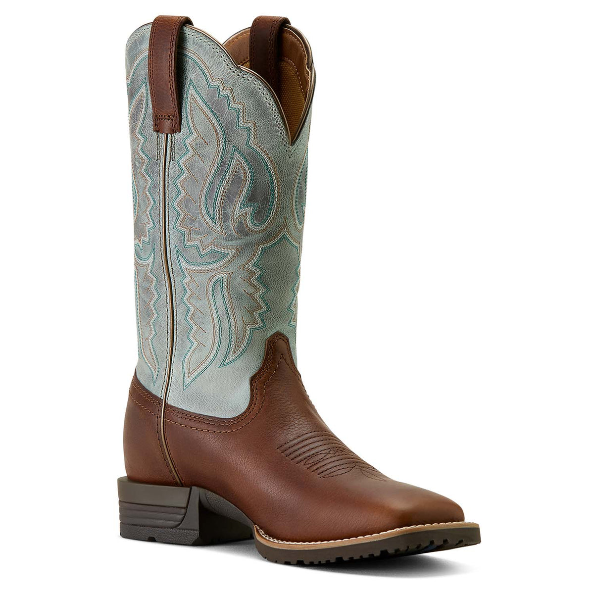 The Ariat Hybrid Ranchwork Boot, peanut and worn denim, view 2
