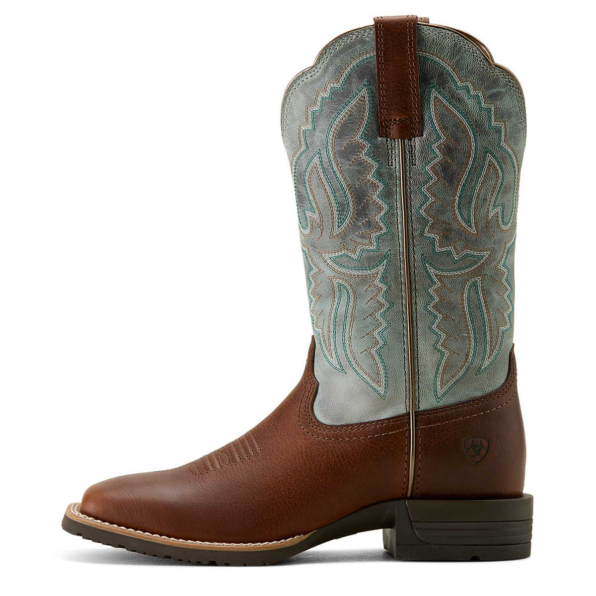 The Ariat Hybrid Ranchwork Boot, peanut and worn denim, view 4