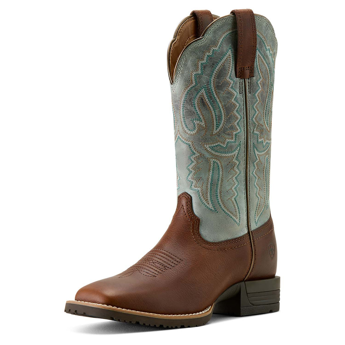 The Ariat Hybrid Ranchwork Boot, peanut and worn denim, view 3