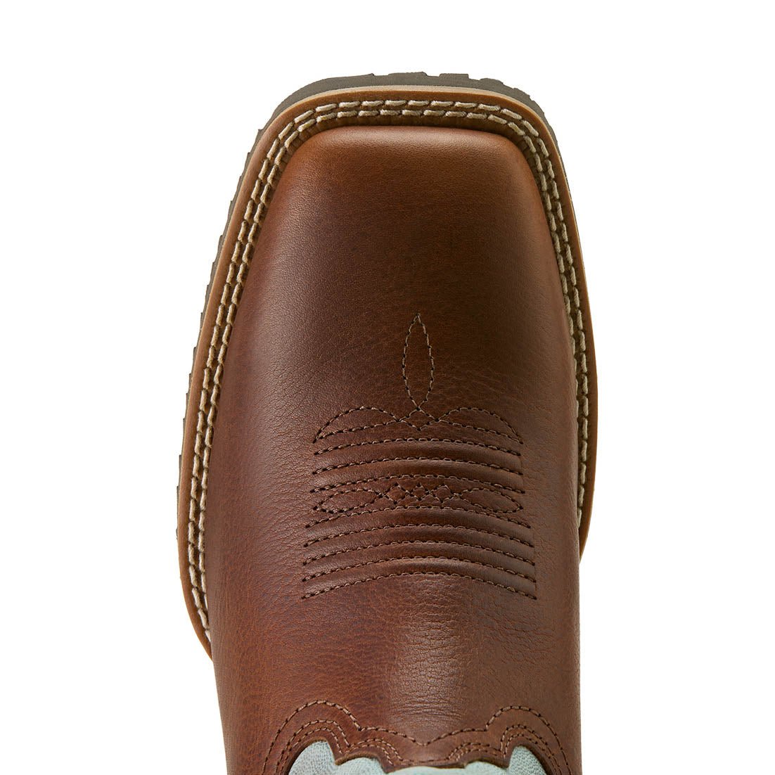 The Ariat Hybrid Ranchwork Boot, peanut and worn denim, view 6