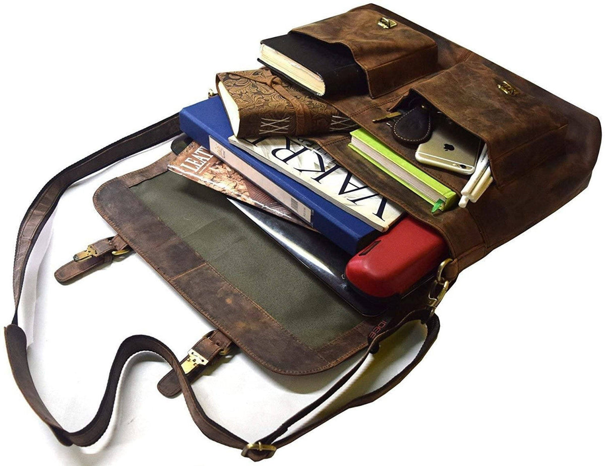 Vintage brown leather briefcase messenger bag with brass hardware, view 4