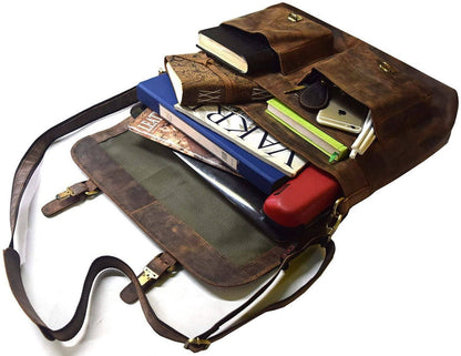 Vintage brown leather briefcase messenger bag with brass hardware, view 4