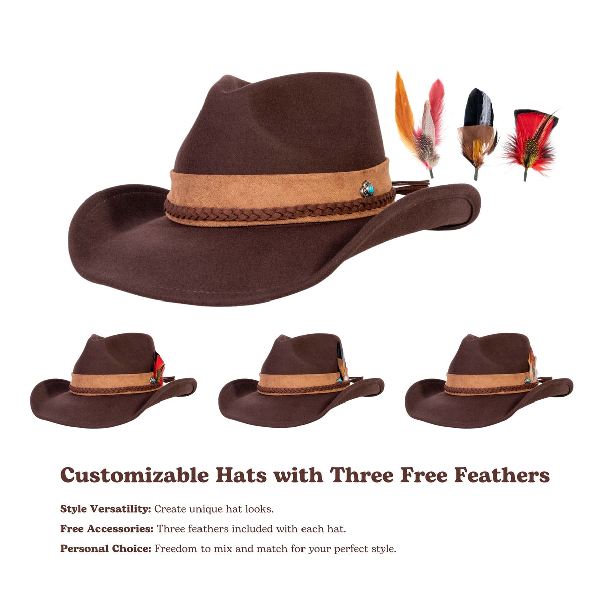 Dark coffee brown wool felt cowboy hat with braided leather band, view 4