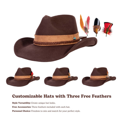 Dark coffee brown wool felt cowboy hat with braided leather band, view 4