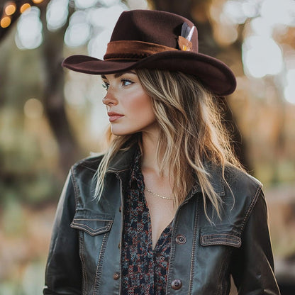 Dark coffee brown wool felt cowboy hat with braided leather band, view 2