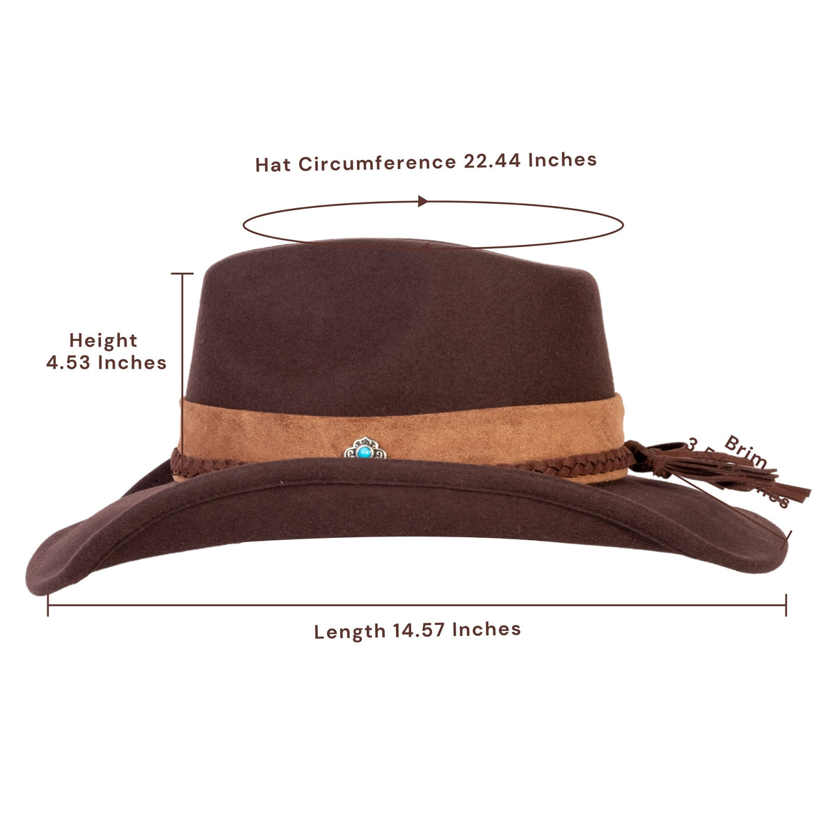 Dark coffee brown wool felt cowboy hat with braided leather band, view 3