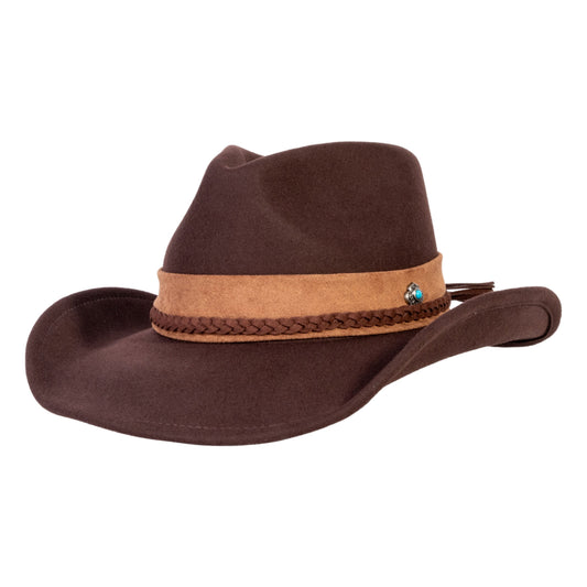 Dark coffee brown wool felt cowboy hat with braided leather band
