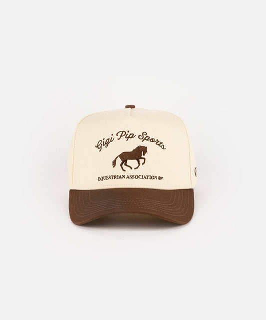 Cream and chocolate brown vintage-style trucker hat with a structured front panel