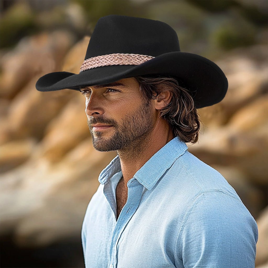 Black wool felt cowboy hat with tan braided band and buckle, view 2