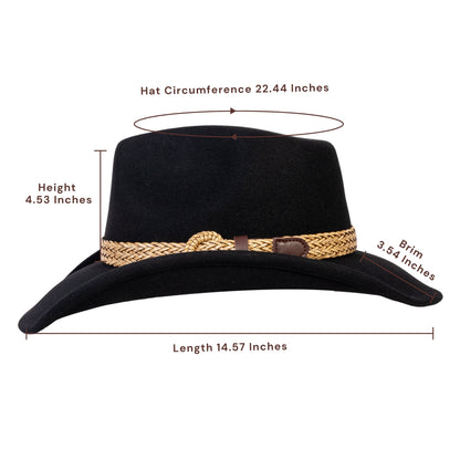 Black wool felt cowboy hat with tan braided band and buckle, view 3