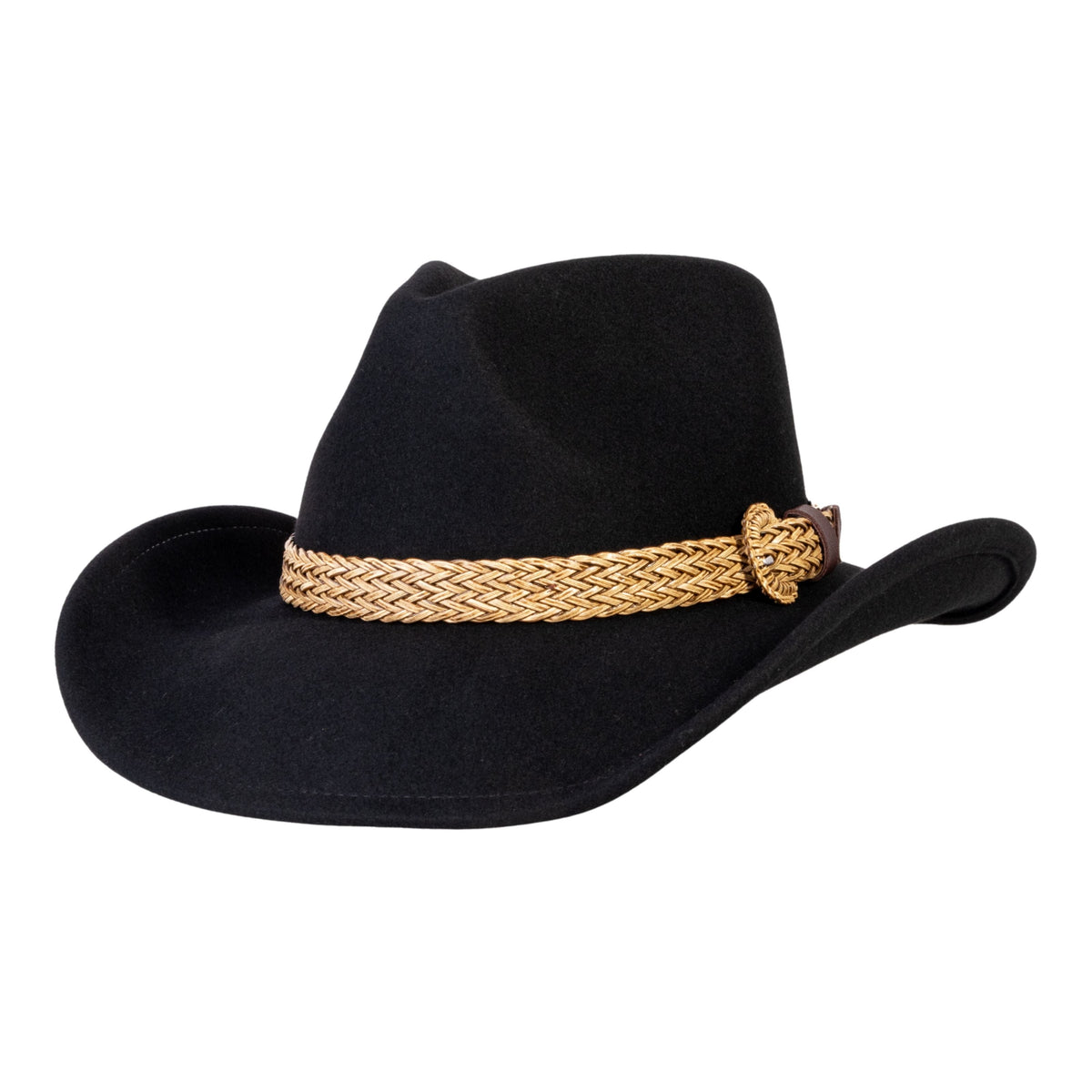 Black wool felt cowboy hat with tan braided band and buckle