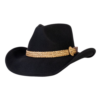 Black wool felt cowboy hat with tan braided band and buckle