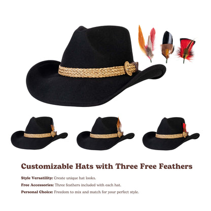 Black wool felt cowboy hat with tan braided band and buckle, view 4