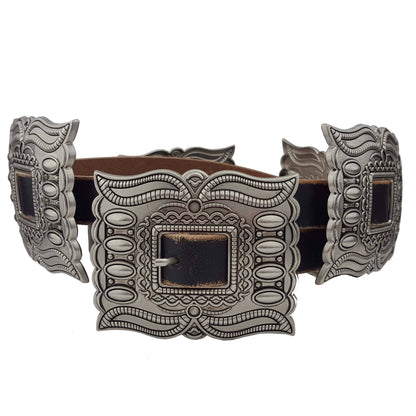 Distressed leather belt with silver rectangular conchos, view 9