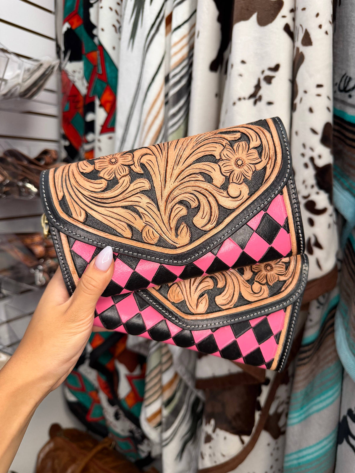 The Checkered Tooled Clutch Wallet, view 3