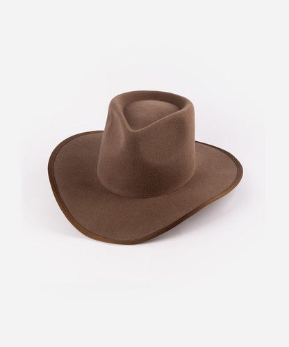 Chocolate felt rancher cowboy hat with a teardrop crown and bound brim edge