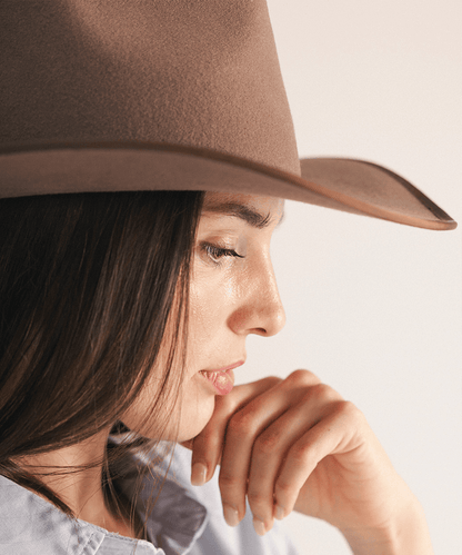 Chocolate felt rancher cowboy hat with a teardrop crown and bound brim edge, view 4