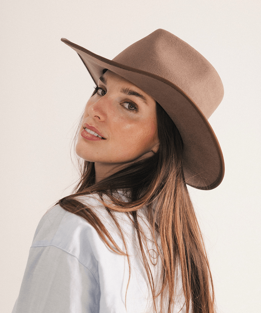 Chocolate felt rancher cowboy hat with a teardrop crown and bound brim edge, view 2