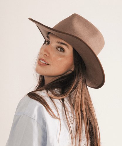 Chocolate felt rancher cowboy hat with a teardrop crown and bound brim edge, view 2