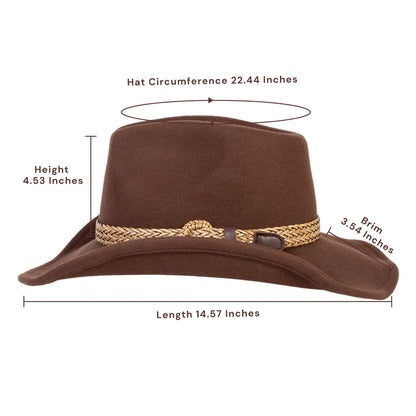 Brown wool felt cowboy hat with tan braided band and buckle, view 3