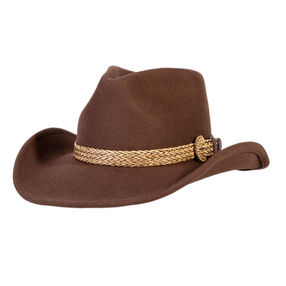 Brown wool felt cowboy hat with tan braided band and buckle
