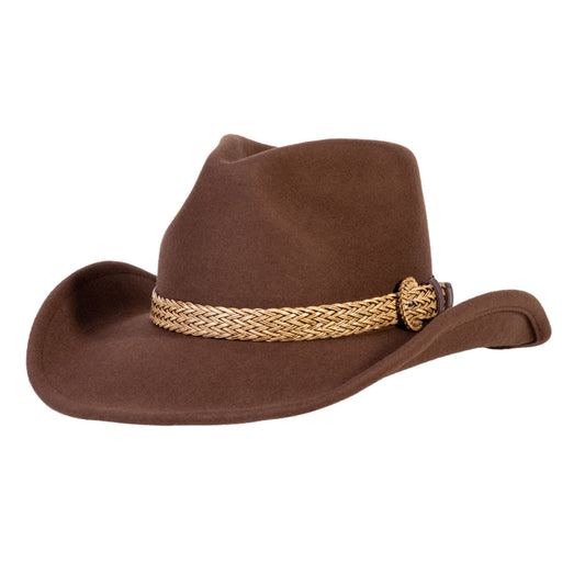 Brown wool felt cowboy hat with tan braided band and buckle